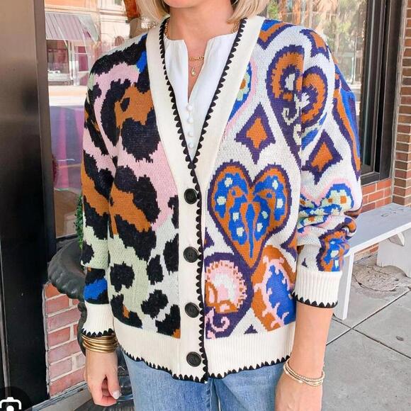 Farm Rio Sweaters - FARM RIO Mixed Ikat Hearts Knit Cardigan